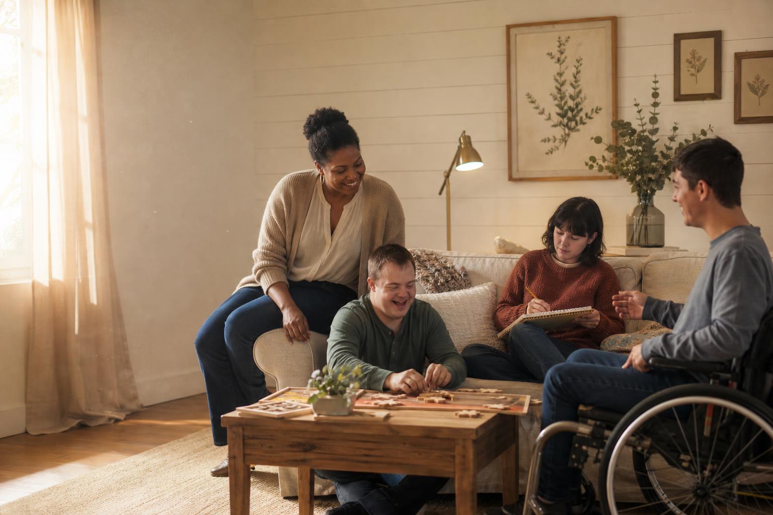 Better Living AFC caregiver supporting young adults with developmental disabilities and mental illness in a warm home